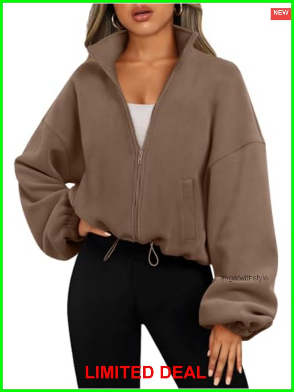 Oversized Cropped Fleece Jacket Zip Up Long Sleeve Sweatshirt